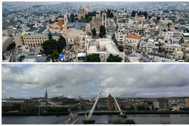 Top: The biblical city of Bethlehem in the occupied West Bank.(Photo by HAZEM BADER/AFP via Getty Images) Below: Derry City (Brendan McDaid, Derry Journal)