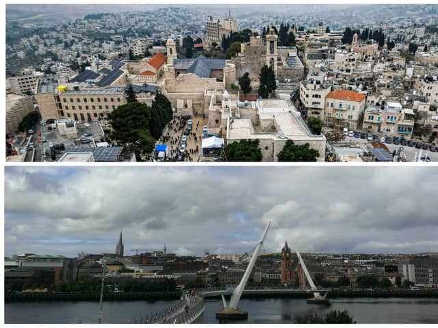 Top: The biblical city of Bethlehem in the occupied West Bank.(Photo by HAZEM BADER/AFP via Getty Images) Below: Derry City (Brendan McDaid, Derry Journal)
