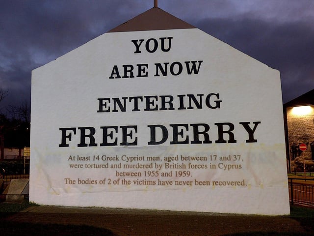 One of the projected images, on Free Derry Corner on Thursday evening, of the British colonial past from the ‘The Sun Never Set And The Blood Never Dries’ art project created by Art Everywhere. The event was part of Bloody Sunday 51 anniversary. Photo: George Sweeney. DER2305GS – 111