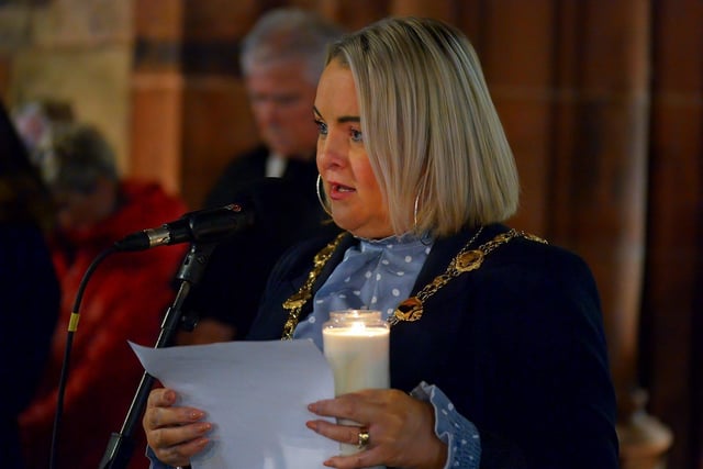 Mayor Sandra Duffy speaking at a candlelit vigil, held at Guildhall Square on Monday evening, to remember those who died in the Creeslough tragedy on Friday afternoon last.  Photo: George Sweeney.  DER2241GS – 48