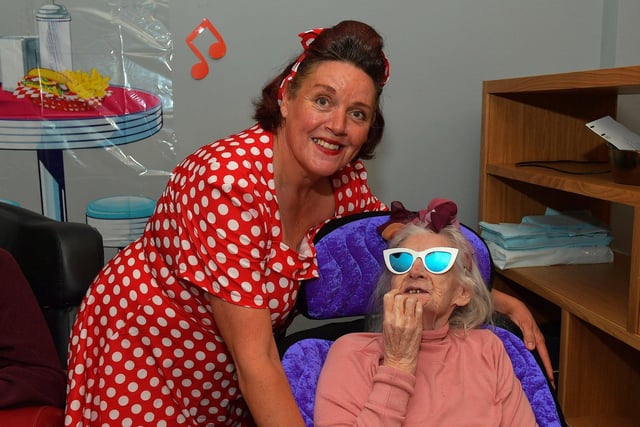 Carer Louise and Flo Murphy pictured at the 1950s party Berna held in the Oakleaves Care Centre, Racecourse Road on Thursday afternoon last. Photo: George Sweeney. DER2326GS – 36