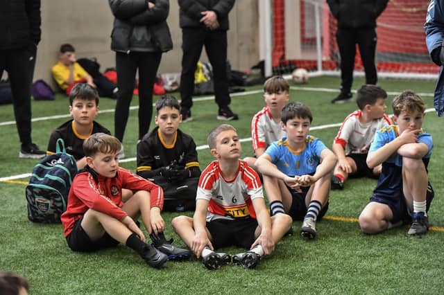 Some of the Primary School pupils who took part in the Cumann na mBunscoil skills test at Sean Dolans GAC on Friday. Photo: George Sweeney