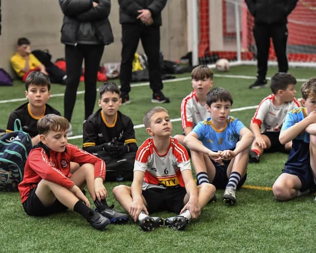 Some of the Primary School pupils who took part in the Cumann na mBunscoil skills test at Sean Dolans GAC on Friday. Photo: George Sweeney