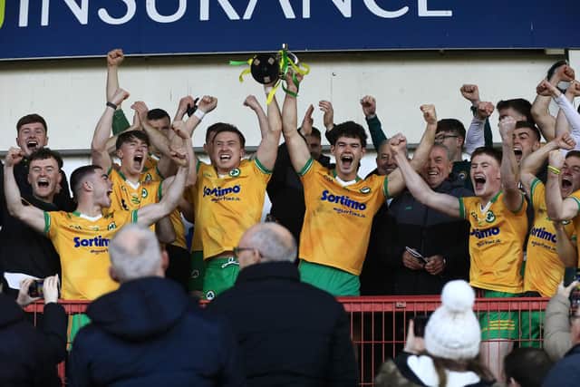Desertmartin’s players celebrate their victory against Greenlough in the McFeely Group Derry Club Intermediate Championship final held in Celtic Park, on Sunday. (Photo - Tom Heaney, nwpresspics)