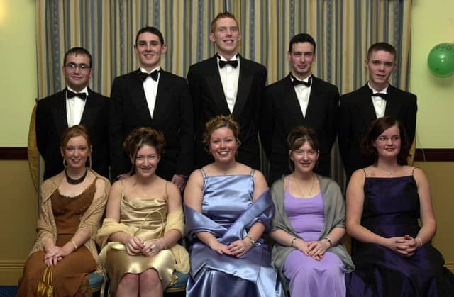 Front, from left, are Louise Barr, Clare Wright, Orla Meenan, Julie Wright and Christine Bradley. Back, from left, are Adrian Donnelly, Kavin Coyle, Jonathan Ferguson, Michael Wilson and Mark Loughrey. (14/11/CD23)
: Students attending the St Mary's Formal back in the year 2000.