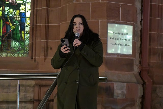 Mel Bradley speaking at a rally held at Guildhall square on Friday evening in a protest at violence against women and girls following the recently reported rape of a woman in the city. Photo: George Sweeney