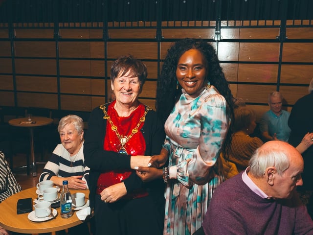 Frances McCarron enjoying a moment with the Mayoral chain, with Derry City & Strabane District Council Mayor Lilian Seenoi-Barr. : .