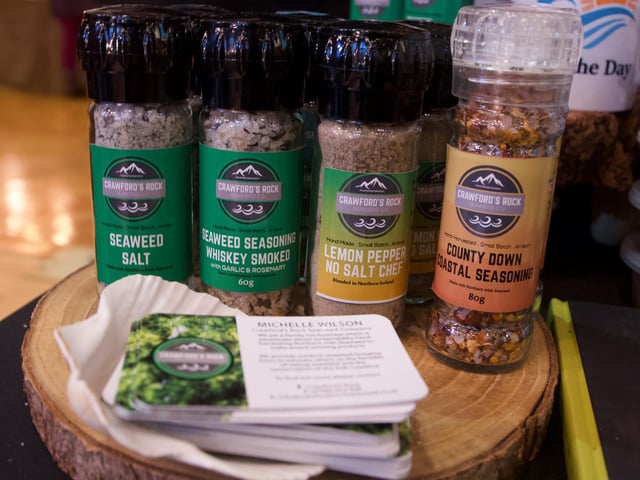 Ray and Michelle Wilson's, Crawford's Rock seaweed products on display in the Guildhall.