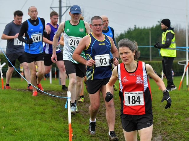 Spartan Shelagh Murry (184)) competing in the Spartans open cross country 6k race at Thornhill College on Saturday. Photo: George Sweeney