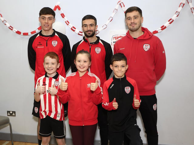 Derry City FC players players Michael Duffy, Brian Maher and Conal McDermott pre-Cup final visit St. Patrick’s PS, Pennyburn,  (Photo - Tom Heaney, nwpresspics)