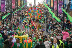 The annual St.Patrick’s Day Spring Carnival reached a climax in Derry as thousands of people came together to watch and take part in the annual event which was led by Derry City and Strabane District Council Mayor, Councillor Sandra Duffy. This years event had a theme of recycling and reusing. Performances included dancing and a wishing well the Peace Garden musical performances in Guildhall Square and Circus acts in the city’s Craft Village as well as a host of colourful characters throughout the city centre. Picture Martin McKeown. 17.03.23