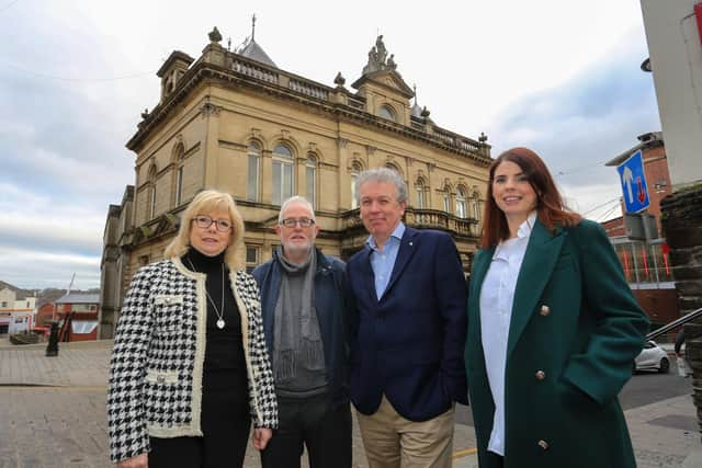 Dr. Paul Mullan, NI Director, The National Lottery Heritage Fund with Helen Quigley, Trustee , Conal McFeely, Chair, St Columb’s Hall Trust, Anne Marie Gallagher, Project Director, at St Columb’s Hall, Derry, for the announcement of funding totalling £751,727 from The National Lottery Heritage Fund for repair and re-opening of the historic building. 