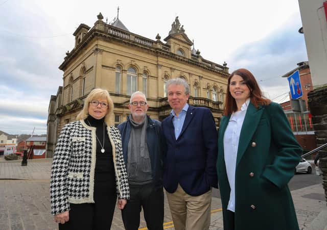Dr. Paul Mullan, NI Director, The National Lottery Heritage Fund with Helen Quigley, Trustee , Conal McFeely, Chair, St Columb’s Hall Trust, Anne Marie Gallagher, Project Director, at St Columb’s Hall, Derry, for the announcement of funding totalling £751,727 from The National Lottery Heritage Fund for repair and re-opening of the historic building. 