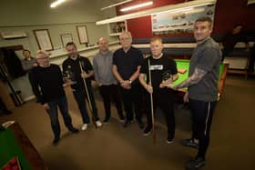 Group pictured at the inaugural Old Library Trust/Creggan Snooker Club 'Past Members' snooker final at the Rathmor premises on Thursday night last. From left, Frankie McClenaghan presents the winner Johnny Doherty with the trophy, George McGowan, Project Director, Old Library Trust, Martin Moore, tournament referee, Kevin McGlinchey, beaten finalist, receives his trophy from Pete Simms, Old Library Trust. The competition was kindly sponsored by Derry City and Strabane District Council.  (Photos: Jim McCafferty Photography)