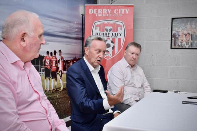 The late Paul Diamond pictured alongside Derry City chief executive Sean Barrett and chairman Philip O'Doherty when appointed honorary club president in 2021.