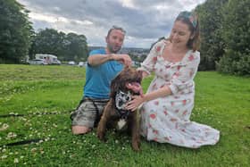 The Derry contestant for Nose of Tralee, Rocky and his owners Samantha and Brian.