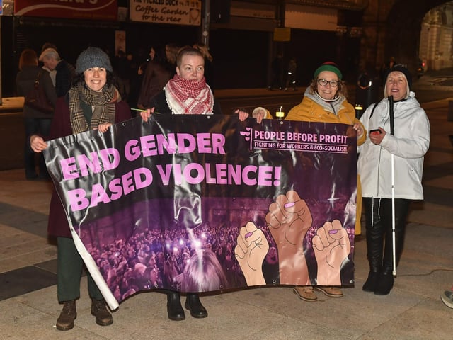 Supporters attend the second annual Reclaim the Night walk, on Saturday evening, from Ebrington Square to Guildhall Square, organised by Foyle Women’s Information Network.  Photo: George Sweeney