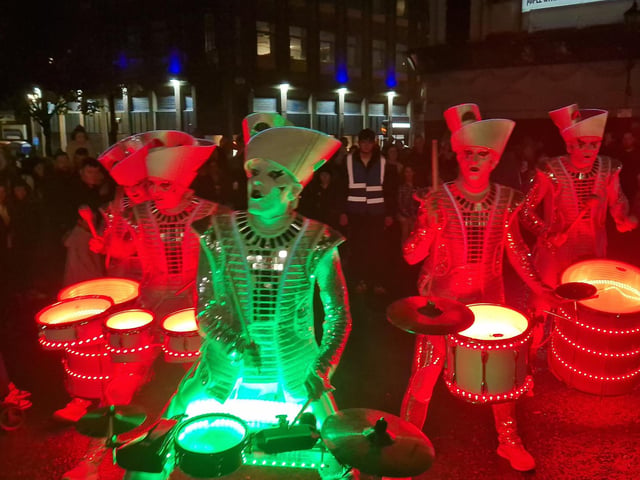 The amazing colourful drum band Spark! performing during Derry Halloween 2024.
