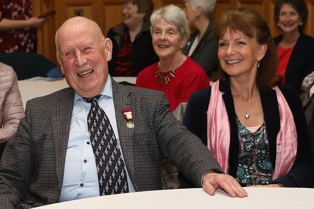 Donald Hill, president of LMS enjoying the banter at a civic reception in the Whittaker Suite in the Guildhall to mark their 60th anniversary of the Londonderry Musical Society. (Photo - Tom Heaney, nwpresspics)