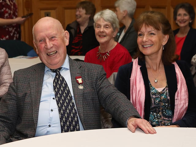 Donald Hill, president of LMS enjoying the banter at a civic reception in the Whittaker Suite in the Guildhall to mark their 60th anniversary of the Londonderry Musical Society. (Photo - Tom Heaney, nwpresspics)