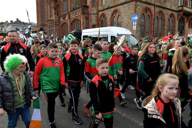Participants in Derry’s St Patrick’s Day parade on Friday afternoon. Photo: George Sweeney. DER2311GS – 64