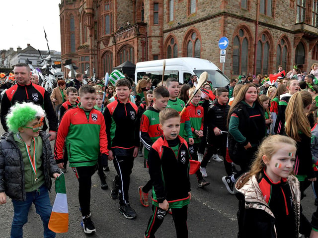 Participants in Derry’s St Patrick’s Day parade on Friday afternoon. Photo: George Sweeney. DER2311GS – 64