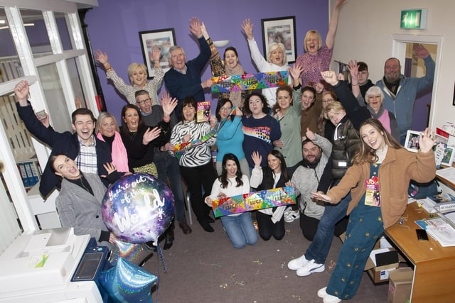 BEST OF LUCK DAMIAN & KYLEE!. . . . .Management and staff at Derry Youth and Community Workshop showing their support for local lad Damian McGinty has he heads to the semi-final of RTÉ’s Dancing With The Stars this weekend. (Photos: Jim McCafferty Photography)