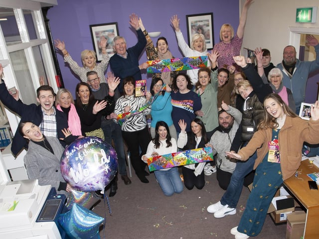 BEST OF LUCK DAMIAN & KYLEE!. . . . .Management and staff at Derry Youth and Community Workshop showing their support for local lad Damian McGinty has he heads to the semi-final of RTÉ’s Dancing With The Stars this weekend. (Photos: Jim McCafferty Photography)