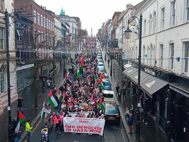 Thousands participate in Derry rally for Palestine calling for a ceasefire in Gaza on January 13, 2024