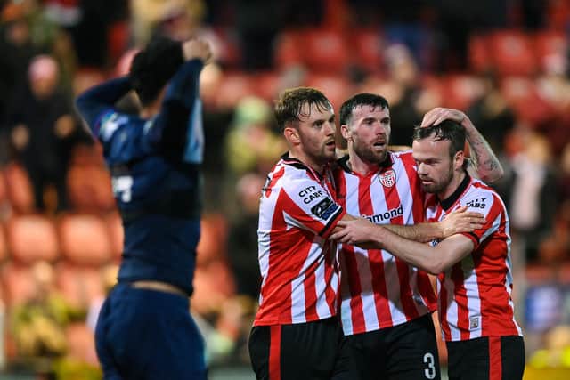 Derry City players, from left, Jamie Stott, Patrick McClean and Cameron Dummigan celebrate a clearance during the SSE Airtricity Men’s Premier Division match between Derry City and St Patrick's Athletic at The Ryan McBride Brandywell Stadium in Derry. Photo by Stephen McCarthy/Sportsfile
