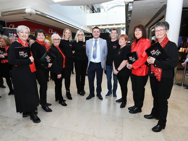 The Mayor of Derry & Strabane, Councillor Ruairi McHugh, pictured with representatives from the Just Us Choir, from Enniskillen, and the local Momentum Community Choir, when they performed in the Foyleside Shopping Centre on Saturday, from left, Lorraine Bankhead, Anne Douglas, Siobhan Heaney, Momentum Community Choir, Shelley Cowan, founder, Tracey Lucia Farry, Treasurer, Graham Kent, Chairman, Caroline Bogue, Secretary, Just Us Choir, Donna Lough and Rosemary Duffy, Momentum Community Choir.
