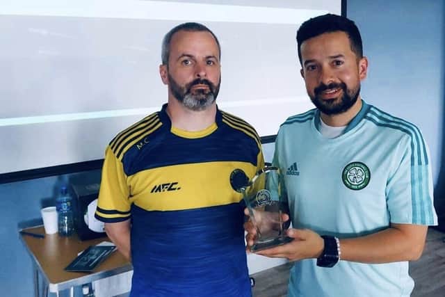 Don Bosco's chairman, Marty Crumley pictured with Celtic's International Soccer Academy manager Jose Romero during a recent coaching workshop in Derry.