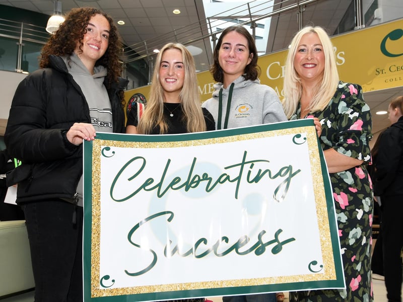 Stacey Beatty, Vice-Principal, pictured with high achievers Darragh McCleary, Anna McDowell and Caoimhe Canning at St. Cecilia's College on Thursday morning.
