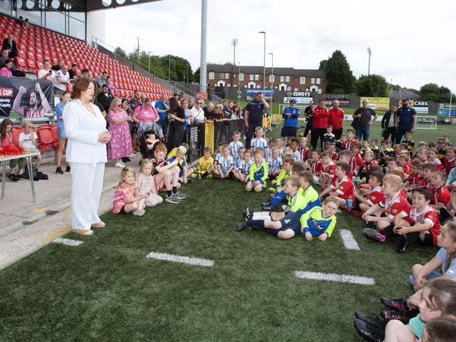 The Mayor Patricia Logue addressing all those who took part in the Ryan McBride soccer tournament at the Brandywell on Wednesday as part of Feile 23.