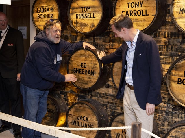 Russel Crowe, and Ryan Tubridy attending the opening of new €1 million Brand Home for The Muff Liquor Company in the village of Muff in Co. Donegal. Company confirms first order of 30,000 bottles for the US market. Photo by Joe Dunne "Free Reproduction"