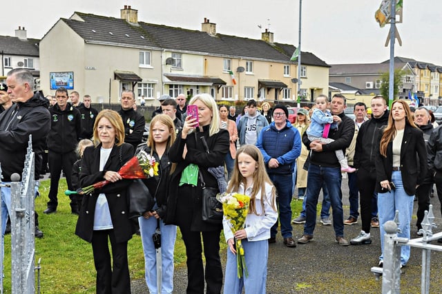 Some of the attendance at the Creggan Republican Monument during a commemoration on Easter Sunday afternoon. Photo: George Sweeney