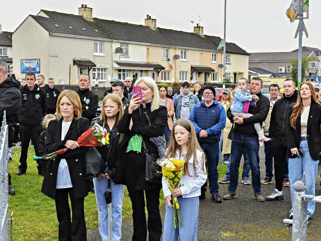 Some of the attendance at the Creggan Republican Monument during a commemoration on Easter Sunday afternoon. Photo: George Sweeney