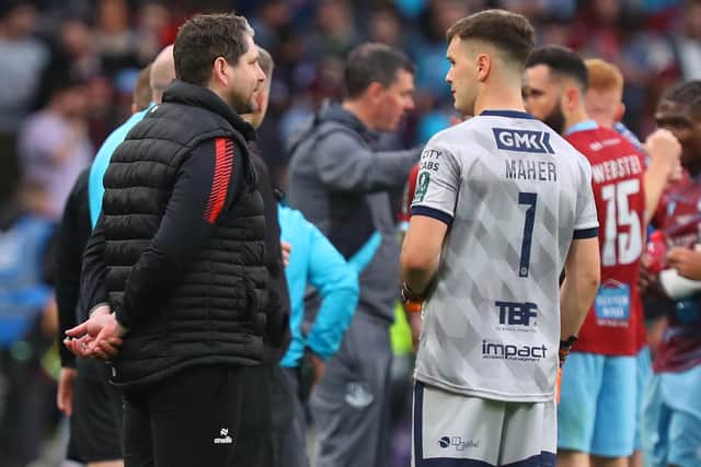 Ruaidhri Higgins and Brian Maher in conversation after defeat to Drogheda in the FAI Cup Final. Mandatory Credit: Kevin Moore/MCIphoto