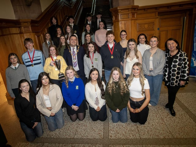 Global Mercy Award Winners from the Foyle Speech and Drama pictured at Tuesday's graduations in the Guildhall. Included are the Mayor, Ruairi McHugh and Sandra Biddle.