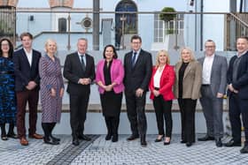 Selina Horshi, Andrew Fleming, Anna Doherty (all Derry Chamber); Conor Murphy MLA, Minister for the Economy; Mary Lou McDonald TD, President, Sinn Féin; Greg McCann, President, Derry Chamber; Ciara Ferguson, Sandra Duffy, Aidan O'Kane, and Steven Lindsey (all Derry Chamber)