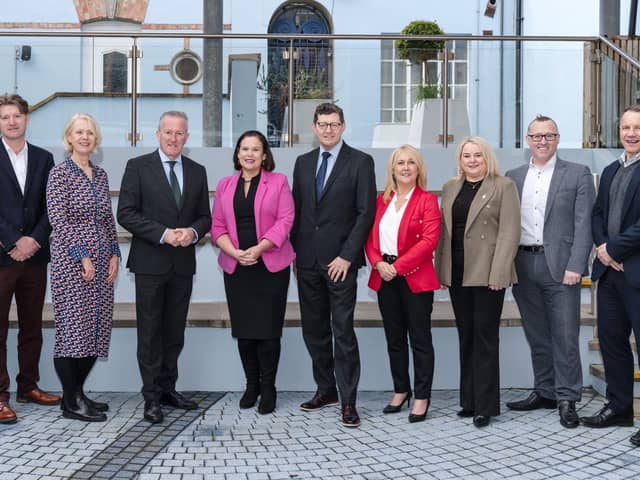 Selina Horshi, Andrew Fleming, Anna Doherty (all Derry Chamber); Conor Murphy MLA, Minister for the Economy; Mary Lou McDonald TD, President, Sinn Féin; Greg McCann, President, Derry Chamber; Ciara Ferguson, Sandra Duffy, Aidan O'Kane, and Steven Lindsey (all Derry Chamber)