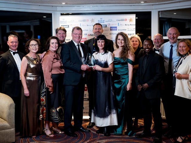 Winners of the Sustainability Champions Award, Repair & Share Foyle, pictured with Hugh Hegarty, Chair of City Centre Initiative; Andrew Fleming, President of Londonderry Chamber of Commerce; and Stephen Gillespie of Derry City & Strabane District Council who presented the Award on behalf of Derry Journal who sponsored the award.