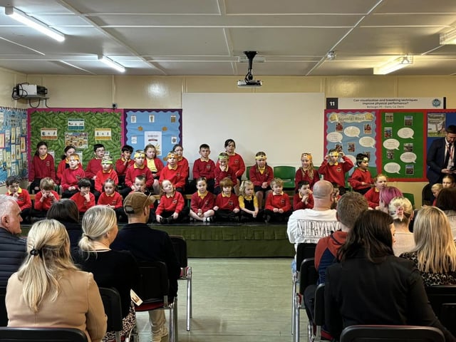 Pupils from Ballougry Primary School pictured at the Harvest Assembly and Food Bank held in the school on Wednesday morning.