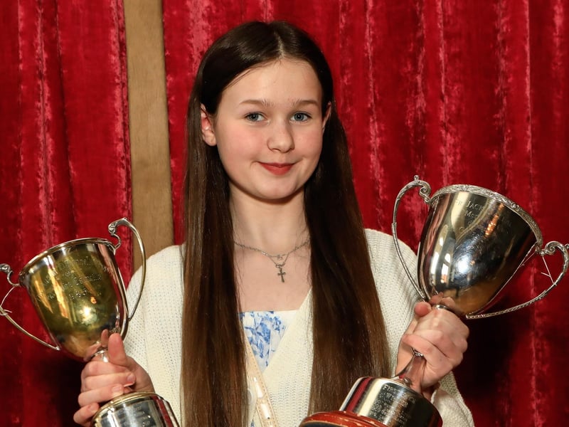 Lily McLaughlin, winner of the Jack Gallagher Memorial Cup, 10-12 years Irish song, and the Austin O'Donnell Cup, 11-12 years English song at Feis Dhoire Cholmcille. (Photo - Tom Heaney, nwpresspics) : .