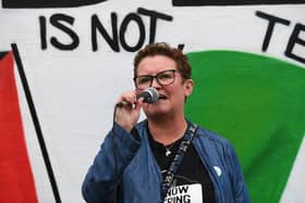 IPSC Chairperson Catherine Hutton speaking during a previous visit by Palestinian photojournalist Motaz Azaiza. Photo: George Sweeney