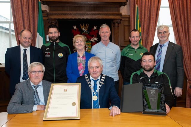 Donegal County Council honoured Cockhill Celtic F.C. on Friday at a civic reception at the County House, Lifford. At the reception are (seated) Tommy Doherty, Club Chairperson, Cllr. Martin Harley, Cathaoirelach Donegal County Council and Gavin Cullen, Cockhill team manager. Back, from left, Patsy Lafferty, Director of Housing, Corporate & Cultural Services, James Bradley, Team Captain,  Cllr. Rena Donaghey, Donal O'Brien, former team captain, Liam O'Donnell, former captain and John McLaughlin, Chief Executive Donegal County Council. Photo Clive Wasson