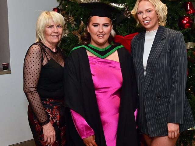 Pacemaker Press 13/12/22Shania- Jane Callaghan with Family Noeleen and Melissa  ,Who graduated in Nursing at the Ulster University graduation in the Millennium Forum in Derry on Tuesday.Pic  Pacemaker:.