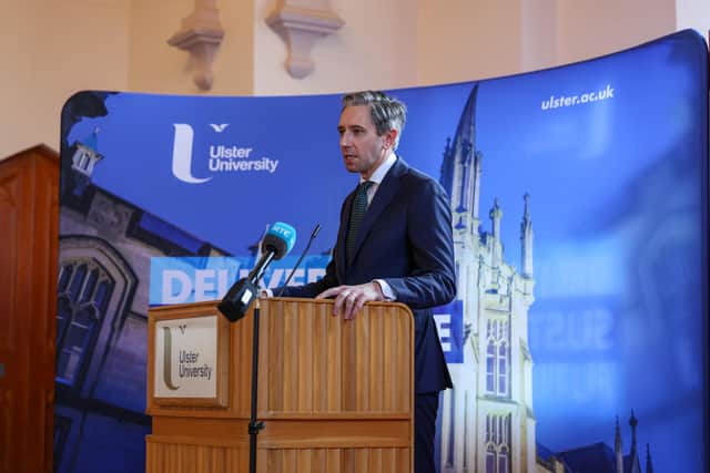 Taoiseach Simon Harris speaking at Ulster University's Derry campus. (Photo: Matt Mackey)