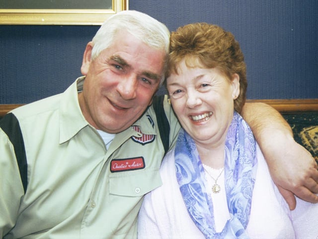 Jim Cox congratulates his wife Angela at her 60th birthday party in the Argyle Arms.