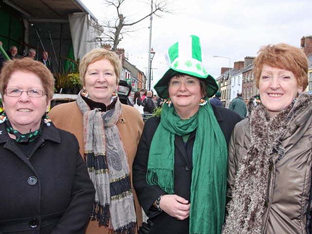 THREE PLUS ONE!. . .Sisters Marcella Gaffney, Carmel McLaughlin and Siobhan Dunne pictured with sister-in-law Rosamund McHugh at the Buncrana St. Patrick's Day Parade. 1903JM69